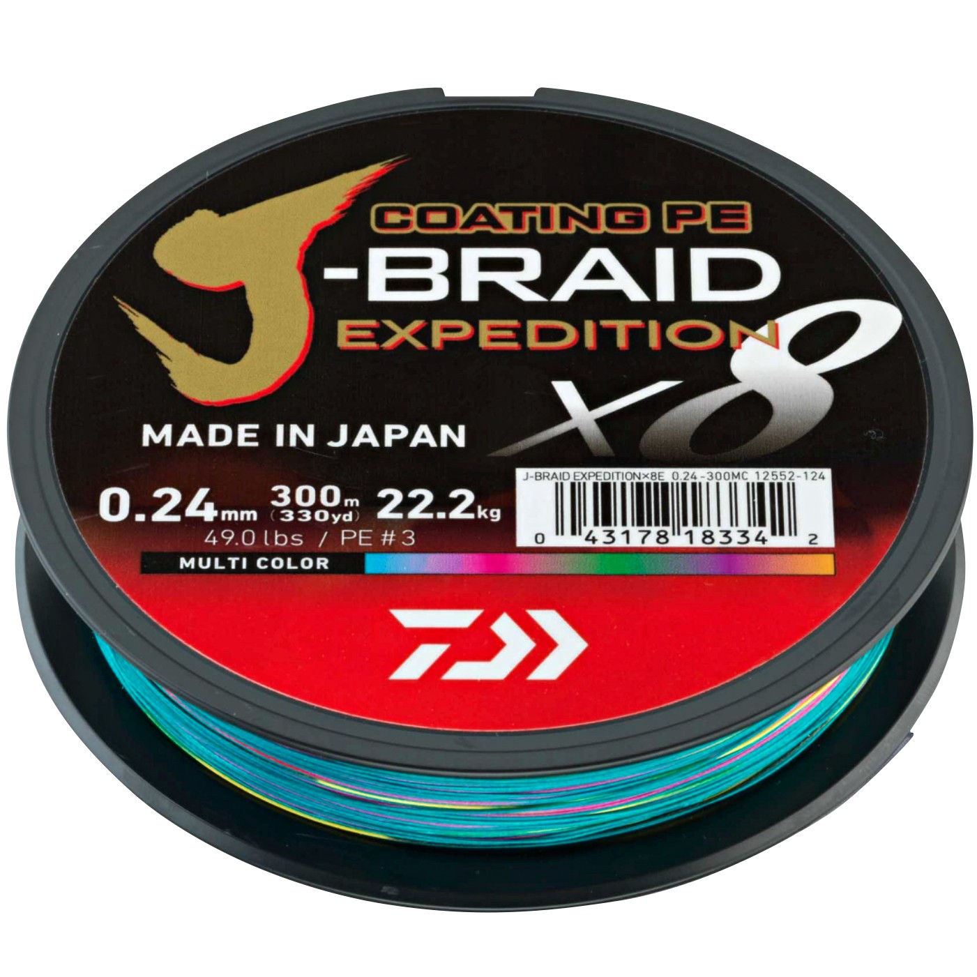Tresse Pêche Daiwa J-Braid Expedition 8 Brins – 500m, PE.5, 0.32mm, Résistance 31kg – Multicolore, Idéale Pour Tous Types De Pêche